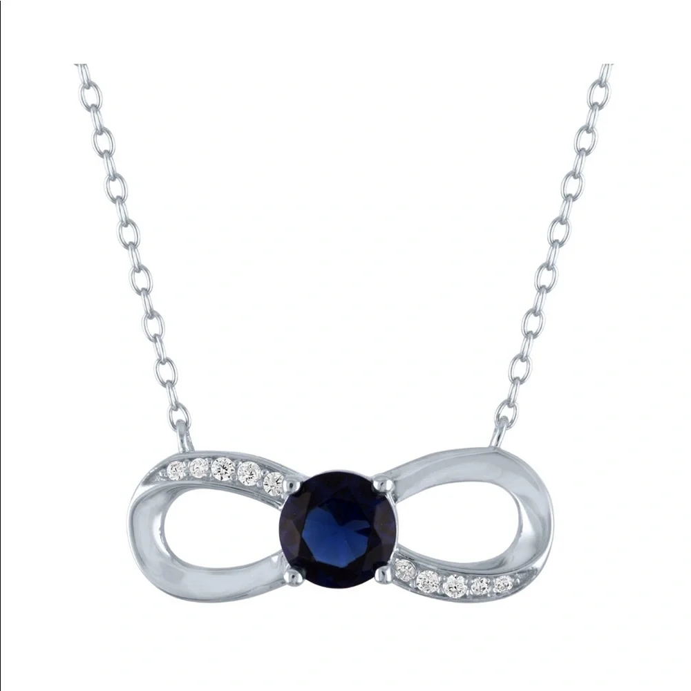 Simulated Blue Sapphire and CZ, Sterling Silver Infinity Necklace, 18
